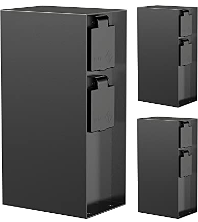 ledscom.de 3 Stück Garten Steckdosensäule POMI für außen, IP44, 4-Fach, Edelstahl, schwarz, eckig, 23 cm