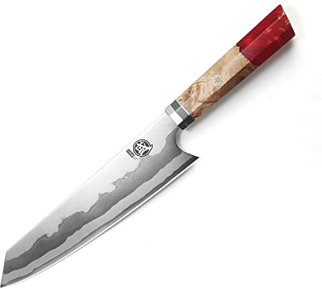 MITSUMOTO SAKARICuchillos Cocina Profesional, Cuchillos Japoneses de 440C Damasco de 7 Capas, 21 cm Cuchillo Cocina Kiritsuke Forjado a Mano (Mango de Granada Roja y Caja de Regalo)