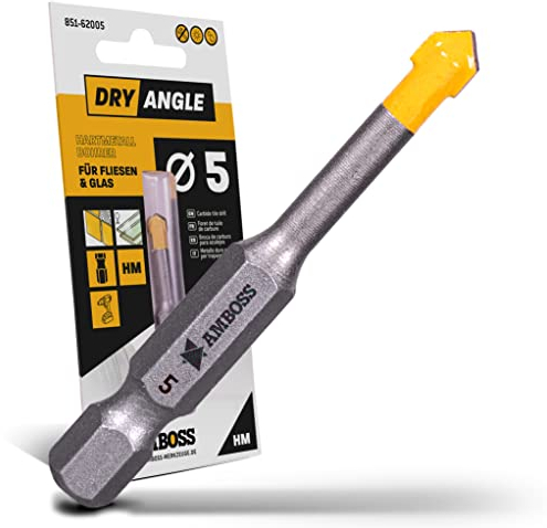Amboss DryAngle Ø 5mm Fliesenbohrer Glasbohrer Keramikbohrer - Sechskantschaft für Bohrmaschinen - Glas/Wandfliesen/Dachziegel/Keramik bohren