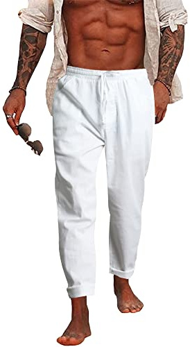 NANAMEEI Men's Jogging Beach Pants with Pockets Casual Linen Trousers White M
