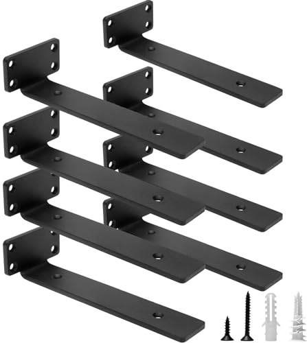 HITOMEN Heavy Duty Floating Shelf Brackets, 8-Inch (1/5'' Thick) Hidden Shelves Hardware, Iron L Brackets, Rustic Industrial Black Metal Wall Shelving Supports, 8 Pack