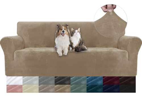 YSTELLAA Housse De Canapé en Velours 3 Places, Sofa Cover Extensible, Universelle Housse pour Canapé avec Accoudoirs, Protection Griffures, Antidérapant, Lavable, Camel