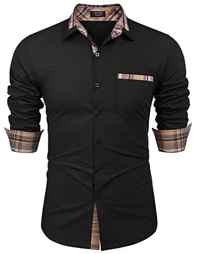 COOFANDY Men's Long Sleeve Dress Shirt Plaid Collar Casual Button Down Shirts Black X-Small