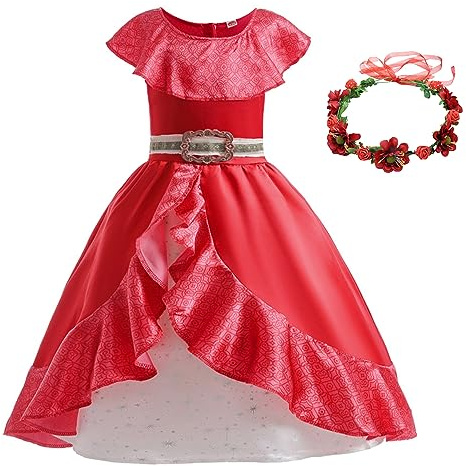 YOSICIL Elena Adventure Dress Costume Principessa Elena Ragazze Costume Elena di Avalor per Bambini con volant Ragazze Costume Halloween Natale per la festa Rosso,140