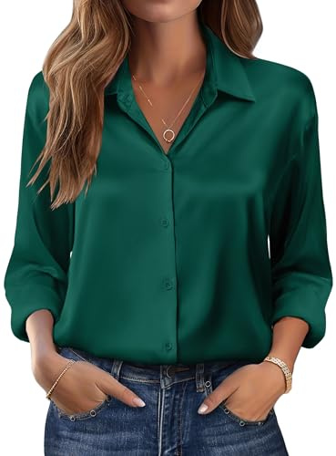 Zeagoo Blusa de Satén Mujer Elegante Camisas de Manga Larga con Cuello en V Casual Camisa con Botones Top Colores Sólidos Fluida Blusas para Salir Oficina Fiesta Diario Verde M
