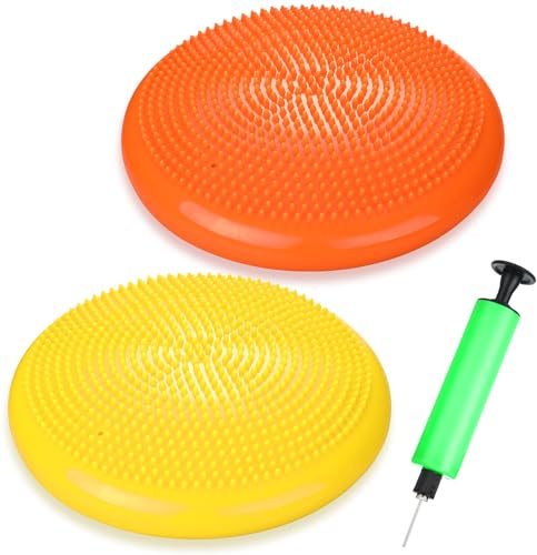 Silipull 2 Pcs Wiggle Seat Inflated Wobble Cushion Flexible Balance Disc with Air Pump for Core Stability Strengthening Improving Posture Physical Exercise(Orange and Yellow)