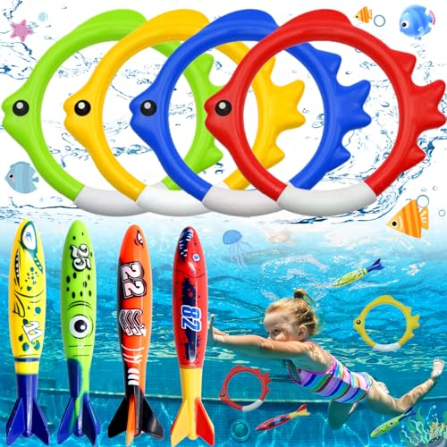truee 8 Stücke Tauchtorpedospielzeug, Tauchring, Sinkendes Poolspielzeug, Tauchspielzeug für Kinder, Schwimmspielzeug für Den Sommerpool, Unterwasser Tauchen Pool, Für Strand und Baden(5Farben)