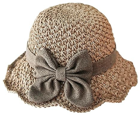 FakeFace Women Girls Straw Sun Hat with Bowknot Anti-UV Sun Protection Summer Travel Beach Cap Foldable Elegant Ruffle Wide Brim Floppy Bucket Hat (UK, Alpha, One Size, Khaki)