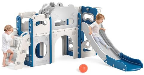 Krovtoy Kids 170cm Extra-Long Slide with Basketball Hoop & Climber, Thickened & Widened Baby Slide Playground Equipment, Outdoor (Beige Grey-7)