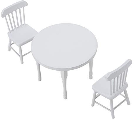 SPYMINNPOO Juego de Muebles para Casa de Muñecas 1:12, Mesa de Comedor Blanca de Madera en Miniatura y Dos Sillas, Juego de Muebles de Cocina, Accesorios para Casa de (Juego de Mesa y
