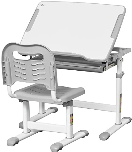 HOMCOM Banco Scuola per Bambini 6-12 Anni Regolabili in Altezza, Set Scrivania e Sedia per Bambini con Piano Inclinabile 45°, Cassetto, 2 Portapenne e Gancio, Grigio