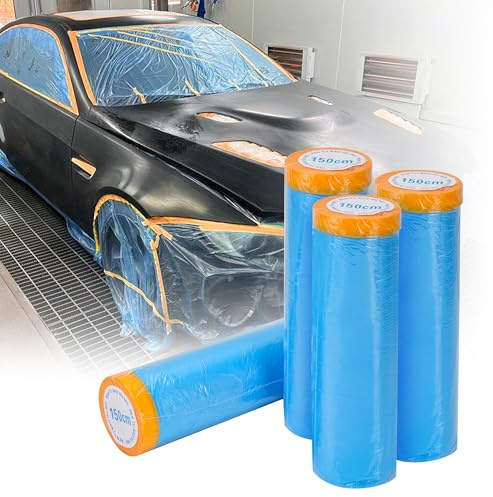 MATUFF Pre-Taped Automotive Masking Film 4 Pack 59 in x 65 feet Rolls, Tape and Drape, Painters Plastic Drop Cloth for Automotive Painting Covering, House Decoration Furniture Floor Dustproof Cover
