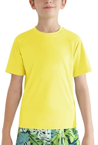 Valcatch Maillot de bain à manches courtes pour garçons et filles UPF 50+ - Séchage rapide - Pour la pêche, le surf, l'eau, la plage, la course à pied, l'entraînement, la gym, jaune, 9-10 ans