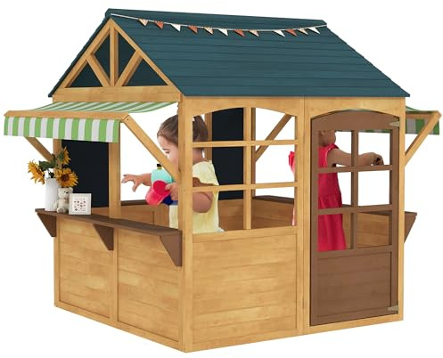 AIYAPLAY Wooden Playhouse for Kids Outdoor, Foldable Wendy House with Windows, Working Door, Service Stations, Rain Covers, Blackboards, Kids Garden Toys for 3-8 Years