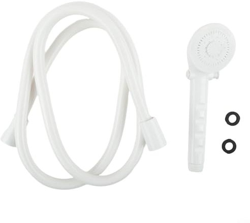 Configuración completa de ducha con cabezal desmontable y manguera larga, ideal para exteriores