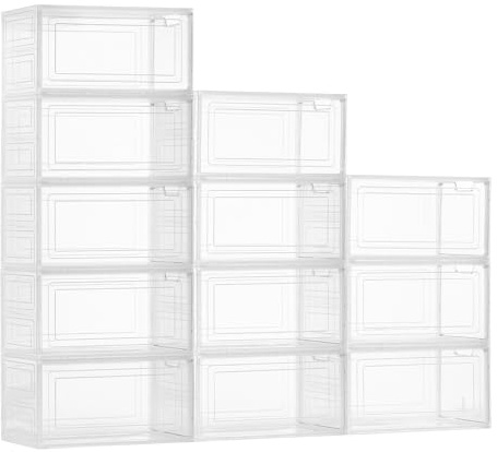 VEVOR Scatole Porta Scarpe, Adatte Fino alla Taglia 13 USA, Scatole Porta Scarpe Trasparenti Impilabili, 12 PZ con Porta Magnetica, Contenitori in Plastica per Stivali e Cappelli, Bianco Trasparente