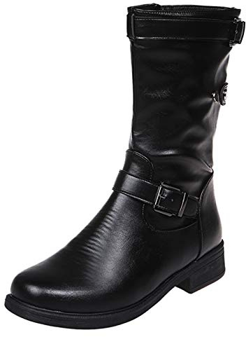 Rétro Femmes Fermeture éclair Talon Carré Laque Normale Tube Moyen Bottes Bout Rond Chaussures, Noir , 35 EU