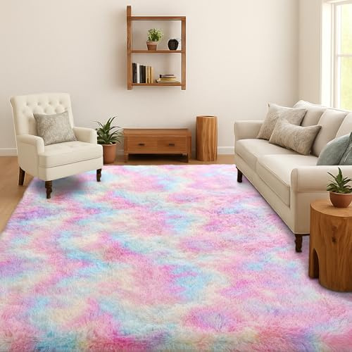 SOANNY Alfombra Salón Pelo Largo Shaggy Lavable 90x150 cm, Arcoíris Pastel