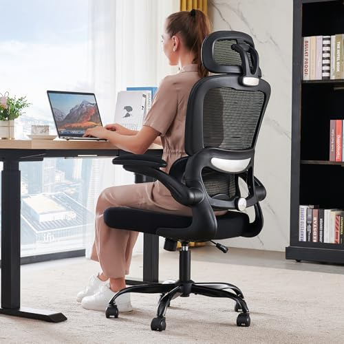 TRALT Office Chair - Ergonomic Chair - 330LBS Desk Chairs Mesh Gaming Chair - Home Office Desk Chairs Height Adjustable Executive Computer Chair with Flip-Up Arms for Long Hours Work (Black)