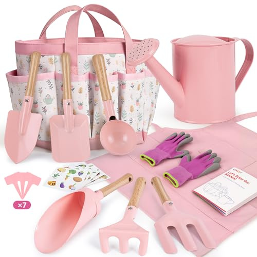 cossy Herramientas de Jardinería, Kit Jardinería para Niños de 13 Piezas, Herramientas para Huerto, Bolsa de Transporte, Regadera, Palas, Rastrillo, Guantes de Jardinería, Delantal, Rosa