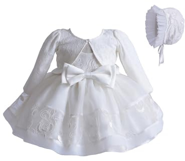 WWAYBEI Newborn Baby Girl Christening Dress White Lace Baptism Dresses Tutu Birthday Party Princess Dresses with Hat Outfits Set (White 3Pcs, 0-3 Months)