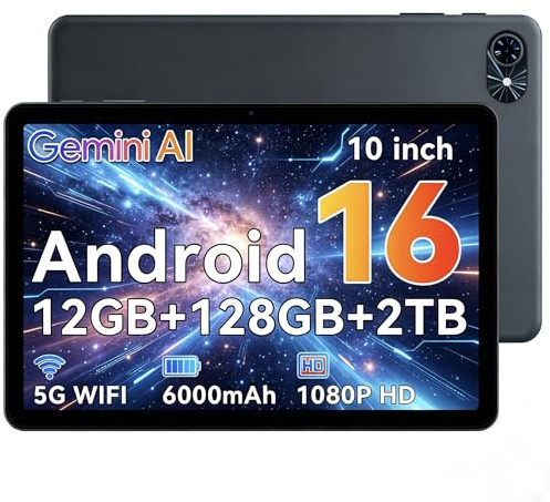 10 Inch Android 16 Tablet with GEMINI AI 2.0, 12GB RAM+128GB ROM Expandable to 2TB, 120Hz 1080P HD Display, 5G WiFi, 6000mAh Fast Charging, Bluetooth 5.0 GPS, Grey, 2-Year Warranty