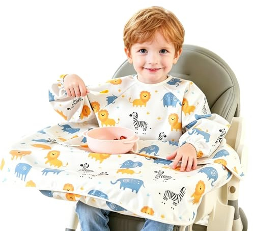 FENGCHUANG Bavoir Manche Longues 2 Pièces Bleu/Vert Bavette de Sevrage avec Poches Léger et Imperméable Convient pour la Peinture et les Activités Manuelles pour les Bébés de 1 à 3 Ans