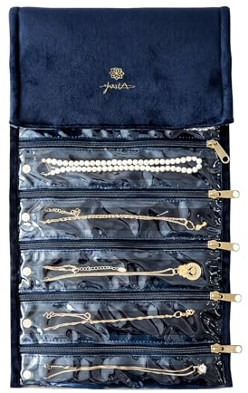 Jinzhenhong Velvet 9 Grids Jewelry Roll, Zippered Travel Jewelry Organizer with Clear Compartments and Hook-and-Loop Fastener, Compact Portable Necklace Storage for Daily Use (Dark Blue)