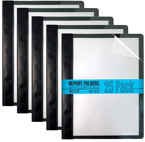 Better Office Products Ultra Durable Clear Front Report Covers, 25 Per Box, Letter Size, Black, Poly Back Cover, with Fasteners, Lay Flat, Box of 25