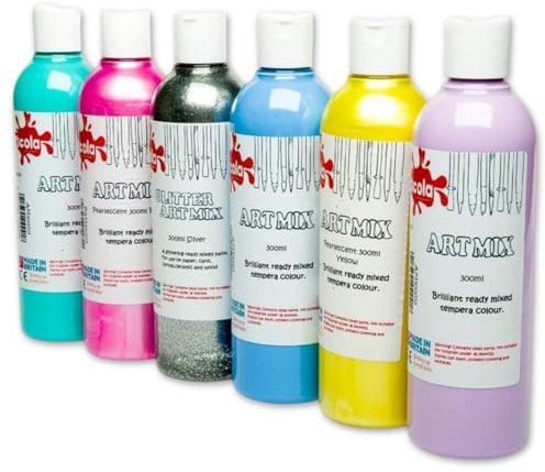 Scola Artmix Temperafarbe auf Wasserbasis, fertig gemischt, 6 verschiedene Einhorn-Farben, 300 ml Flaschen, sichere ungiftige Posterfarben, waschbar, Bastelprojekte, Schwammmalerei, Fingermalerei für