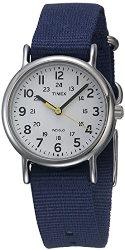 Timex Women's Weekender 31mm Watch – Silver-Tone Case White Dial with Blue Fabric Strap