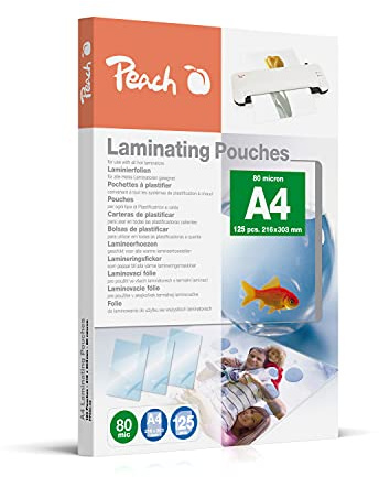 Peach Lamineringsfolier A4 – 80 mic – 125 fickor – glänsande – premiumkvalitet för bästa lamineringsresultat – kompatibla med enheter från alla varumärkestillverkare – PP580-02P