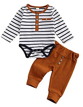 Completo per neonato e bambino, a righe, maniche lunghe + pantaloni casual, set 2 pezzi, autunno e inverno per neonato., cachi., 0-3 mesi