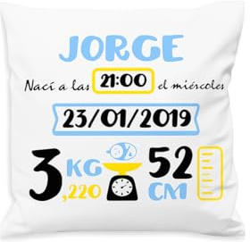 NANNUK - Cuscino di nascita personalizzato blu e giallo per neonati, personalizzabile con nome, ora, data, peso e misura del bambino. 45 x 45 cm.