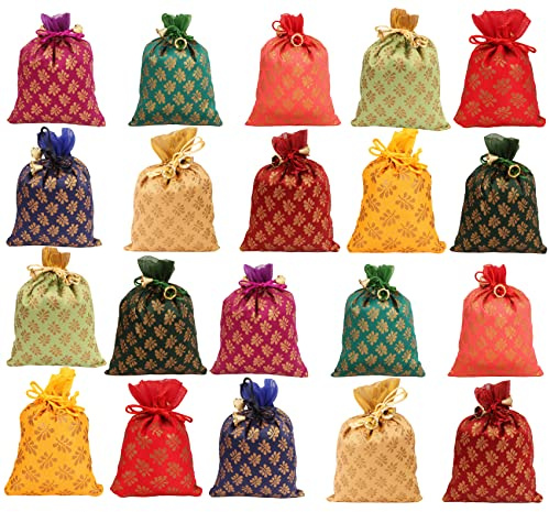 NEW! Touchstone Traditional Indian Handcrafted Attractive Petals Pattern Fancy Shopping Gifts Jewelry Wedding Vibrant Multicolor Sweet Distribution Drawstring Bags Set Of 20 For Women.