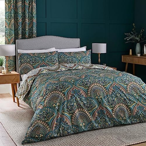 Drömmar och draperier – blågröna jakobiska blommor king sängkläder storlek (230 x 220 cm) – Jacobean damast påslakan – vändbar design – traditionella/vintage sängkläder – inspirerat persiskt täcke –