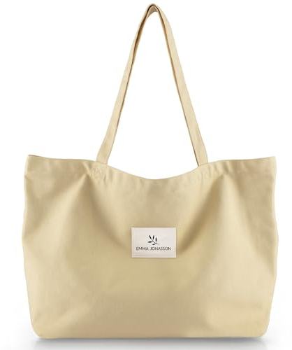 Emma Jonasson Shopper Tasche Damen - Großer Jutebeutel mit Reißverschluss und Innentasche - Aesthetic Tote Bag Damen - Stofftasche für Einkauf Arbeit Uni Schule beige