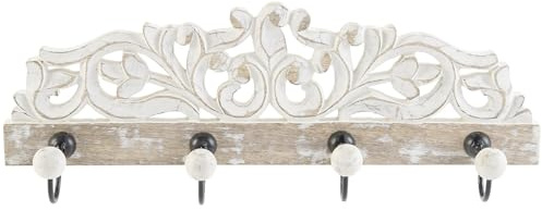 LEKE GO Perchero de pared mango madera tallado floral metal con 4 colgadores resistentes 40x9x13 cm (Tallada floral)