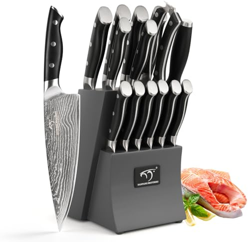 Damascus Knife Set with Block 15pcs,Damascus Knives Set Damascus Steel, Japanese Professional Kitchen Knife Set with Wood Knife Block Grey