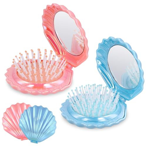 2pcs Travel Hair Brushes, Shell Shape Pocket Hair Brush with Mirror Folding Hair Brush Portable Cute Hair Massage Comb Mini Hair Brush Compact Hair Brush for Women (Blue + Pink)