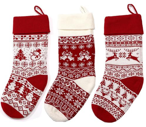 TRIXES Pack de 3 Medias de Punto Navideñas con Patrones de Copos de Nieve - Rojo y Blanco - 45 cm