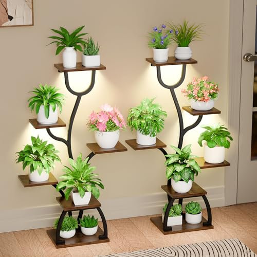BACEKOLL Lot de 2 supports pour plantes d'intérieur avec lampes de croissance, étagère d'intérieur à 6 niveaux, 102 cm, support pour plantes multiples, support de plantes en métal pour maison