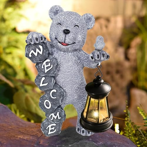 BORDEAG Ours Gris - Statue de Jardin avec Décoration Solaire - Figurine d'Animal Lumineux pour Terrasse, Balcon, Salon