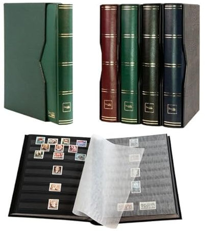 Prophila Collection 64 Schwarze Seiten Briefmarkenalbum wattiert mit Kassette grüner Einband