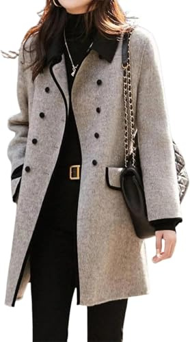 Suncadmious Donna Inverno Colore Solido Risvolto Ispessito Caldo Bottone Cappotto Inverno Classico con Tasche Monopetto Cappotto di Media Lunghezza Business Ufficio Giacca (Grigio,XL)