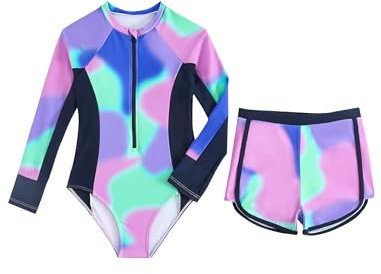 JiAmy Mädchen Badeanzug Zweiteiler Set, Langarm UV Schwimmshirt mit Badehose, Krawattenfärbung Sport Schwimmanzug für 12 Jahre, Lila (Etikett:12Y)
