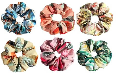 minkissy 6pcs Floral Hair Scrunchies Set French Hair Ties with Tropical Plant 3D Print Elastic Ponytail Holder pack for Women Girls Accessories for Braids Travel Parties Daily Use