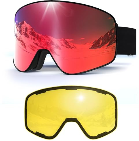 Occhiali Da Sci,Anti Nebbia Anti-UV Maschera Sci,OTG Maschera da Sci,Protezione UV400 YH212 Occhiali da Sci Magnetica per Adulto Uomini (Montatura nera-Lenti rosse VLT16%+Lenti gialle VLT78%)