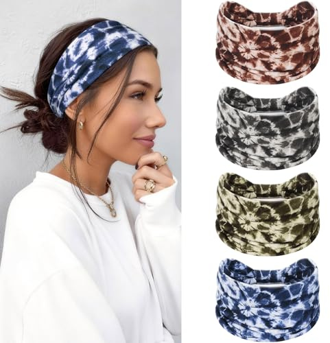 Loiluliy Fascia Capelli Donna 4 Pezzi - Elastico Fasce per Capelli Donna Traspirante per Yoga, Ufficio Boho Chic Large Headband Accessori Capelli donna