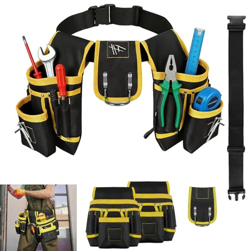 Cintura Porta Attrezzi, Giallo Cintura Attrezzi Lavoro, Cintura Porta Attrezzi da Lavoro con 26 Tasche, Cintura da Lavoro, Cintura Portautensili Regolabile e Staccabile, per Falegnami, Idraulici